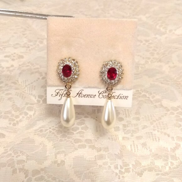 Vintage Red Garnet & Clear Crystal Pearl Gold Tone Dangle Drop Earrings - Picture 6 of 8